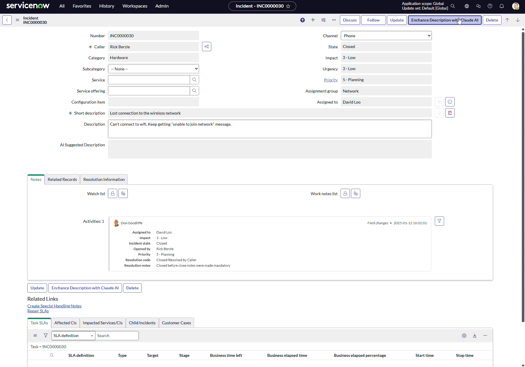 A short video demonstrating a ServiceNow UI Action titled 'Enhance Description with Claude AI'. The video shows a user clicking the UI Action on an Incident record, which then presents an AI-generated, improved version of the incident description. The user then accepts the suggestion, updating the description field.